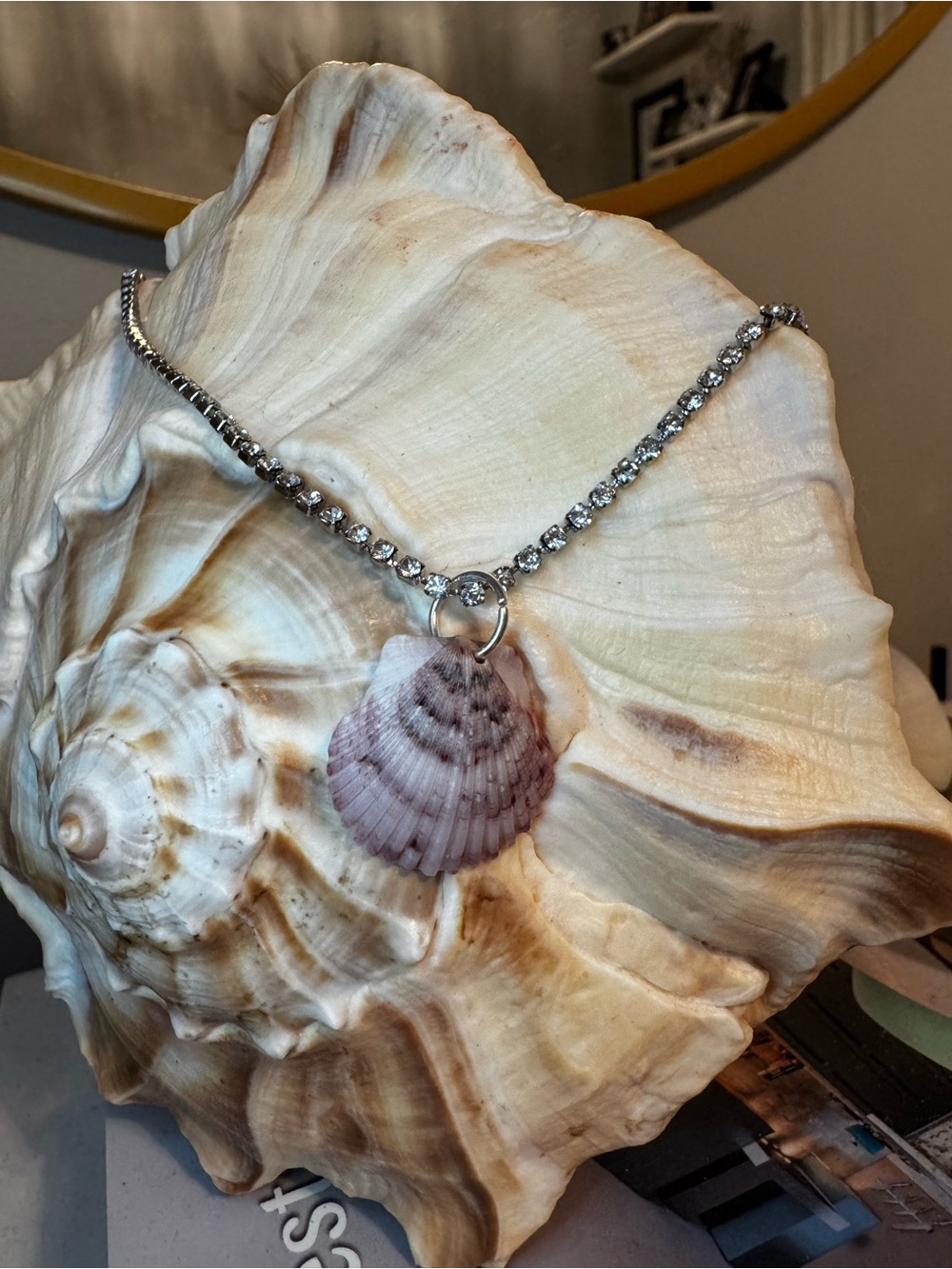 Lavender Calico Scallop Shell Pendant Crystal Chain Necklace